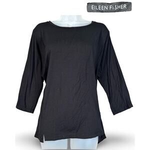 Eileen Fisher Stretch Tunic Top Women Large Black 3/4 Sleeve Oversized Knit Chic